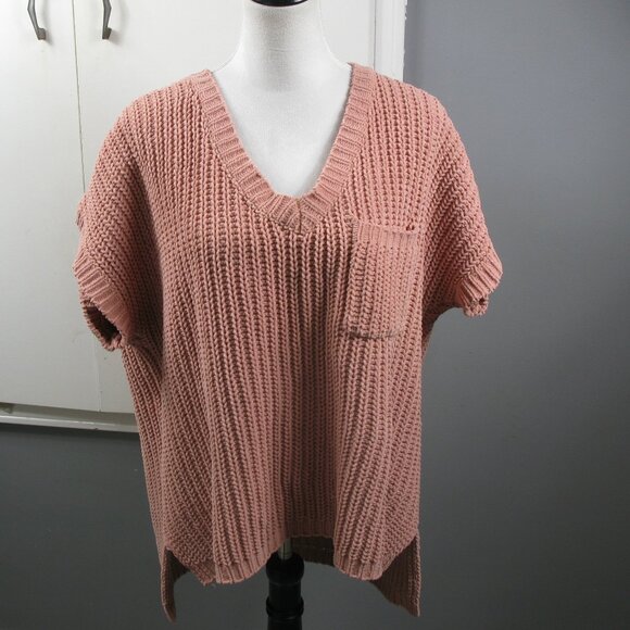 POL Peach Chenille Short Sleeve V-Neck Boxy Sweater Size Large - Picture 2 of 5
